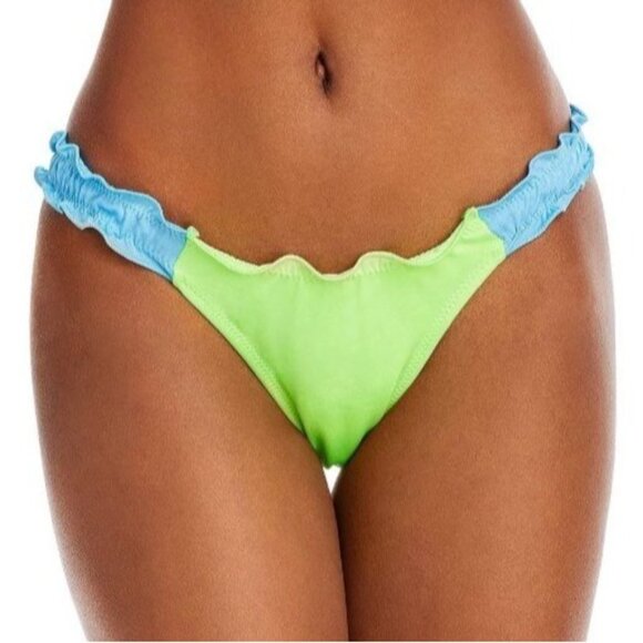 NEW Peixoto Ruffed Hipster‎ Cheeky Bikini Swim Bottoms in Lime Green/Blue Size L - Picture 1 of 14